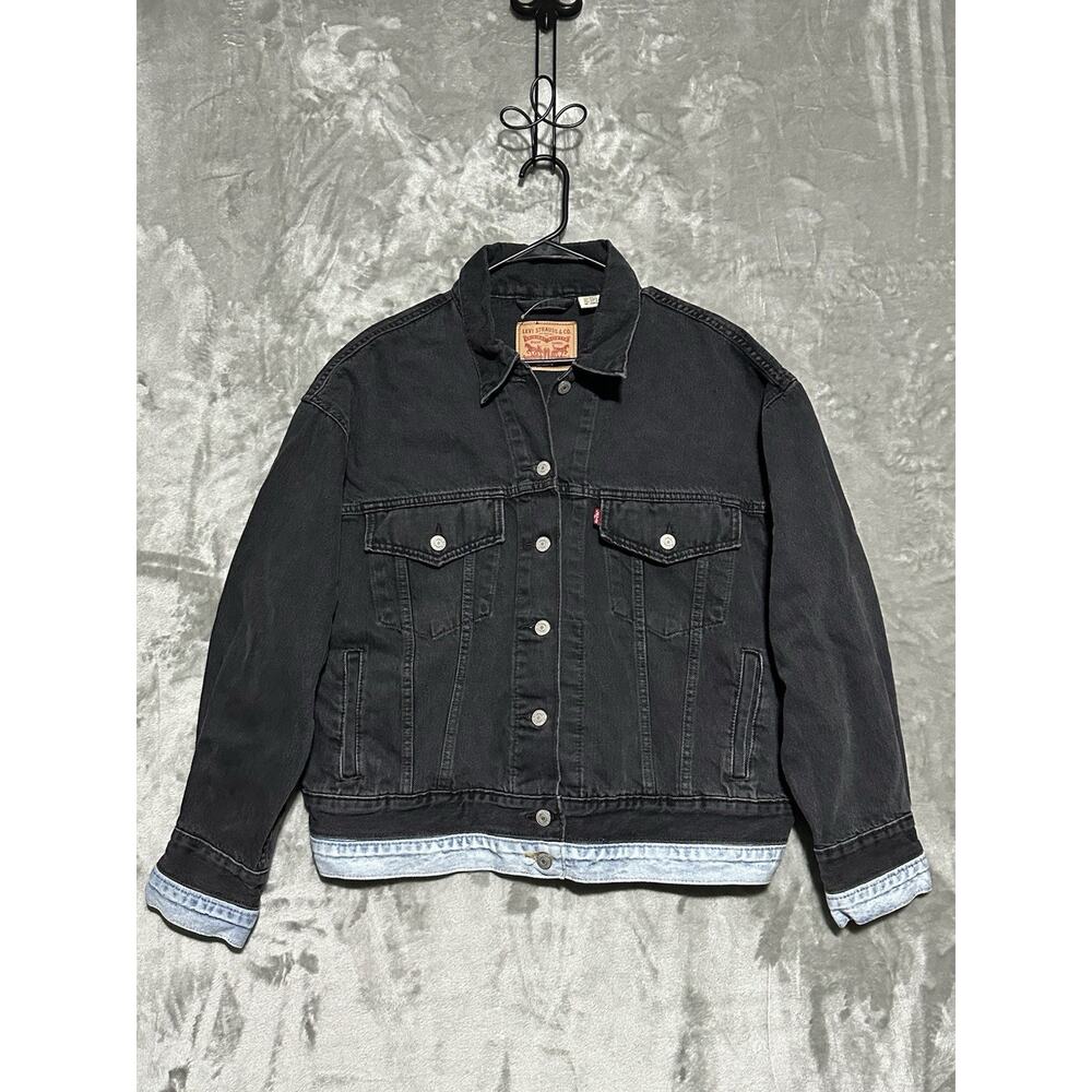 Levis 90s Trucker Jacket Womens Size L Black Denim Grunge Boxy Oversized Classic